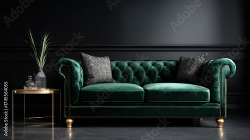 Elegant green velvet sofa with stylish side table and decor
