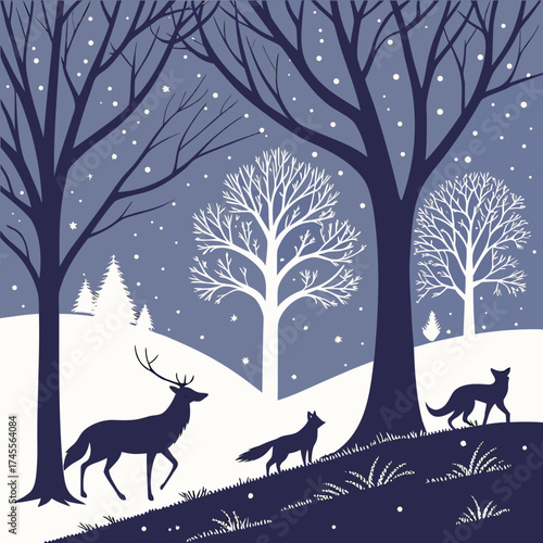 Vector art of winter scene with animals