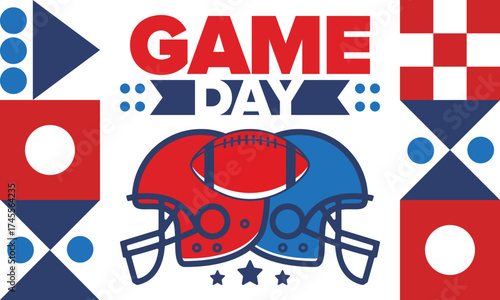Game Day. American football playoff. Super Party in United States. Final game of regular season. Professional team championship. Ball for american football. Sport poster. Vector illustration