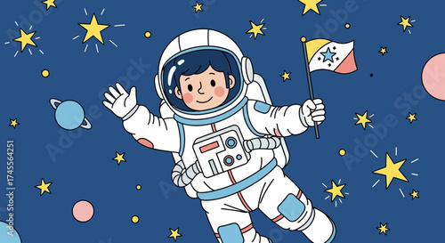 Cute cartoon child astronaut waving in a spacesuit.
