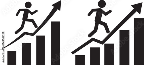 Two figures running up a rising bar graph indicating upward trend and success silhouette