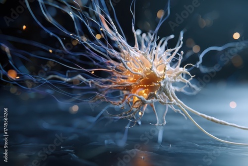 A neuron with glowing, tang...