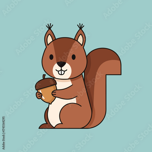 Cute cartoon squirrel holding an acorn with a fluffy tail.