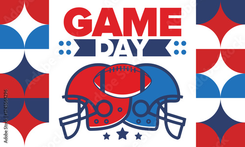 Game Day. American football playoff. Super Party in United States. Final game of regular season. Professional team championship. Ball for american football. Sport poster. Vector illustration