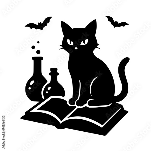 Halloween Black Cat with Bats and Potions Silhouette