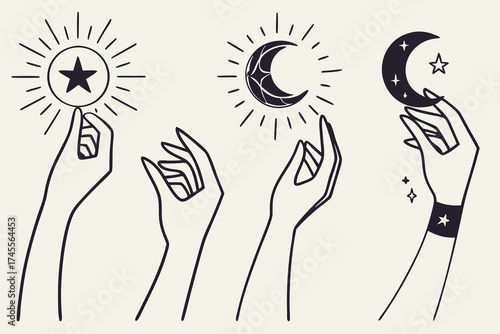 Three Stylized Hands Holding Celestial Symbols on a Light Background vector illustration