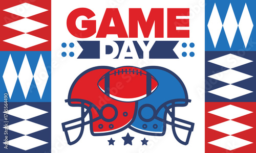 Game Day. American football playoff. Super Party in United States. Final game of regular season. Professional team championship. Ball for american football. Sport poster. Vector illustration