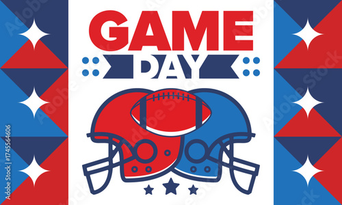 Game Day. American football playoff. Super Party in United States. Final game of regular season. Professional team championship. Ball for american football. Sport poster. Vector illustration