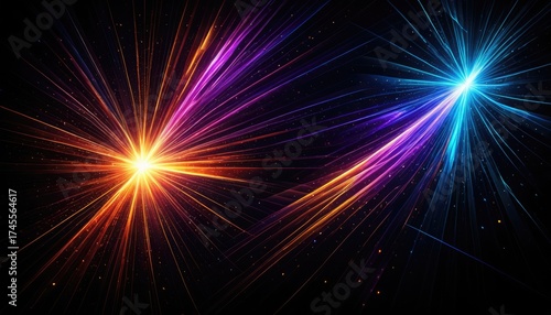 Vibrant abstract cosmic bursts, orange and blue energy streaks across black background
