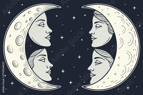 Two Crescent Moons with Faces Facing Each Other in Night Sky human face profile