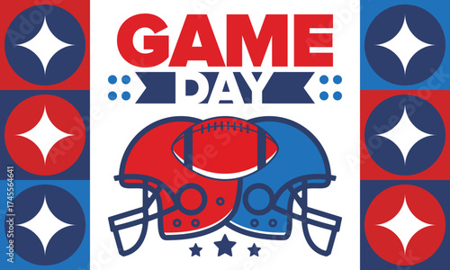 Game Day. American football playoff. Super Party in United States. Final game of regular season. Professional team championship. Ball for american football. Sport poster. Vector illustration