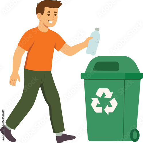 Eco-friendly man walking and throwing a plastic bottle into a recycling bin, promoting sustainable habits.