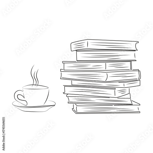 Coffee cup & book stack one line illustration