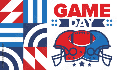 Game Day. American football playoff. Super Party in United States. Final game of regular season. Professional team championship. Ball for american football. Sport poster. Vector illustration