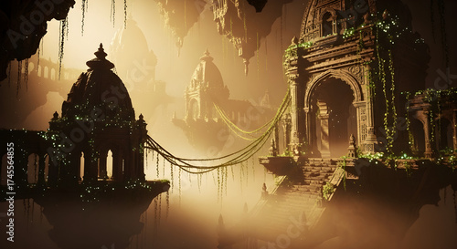 Ancient temple ruins in misty landscape fantasy art background for wallpaper and digital painting design