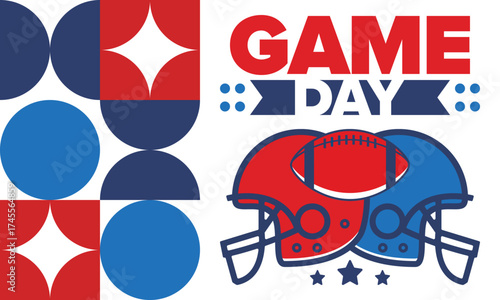 Game Day. American football playoff. Super Party in United States. Final game of regular season. Professional team championship. Ball for american football. Sport poster. Vector illustration