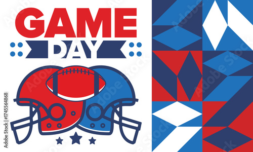 Game Day. American football playoff. Super Party in United States. Final game of regular season. Professional team championship. Ball for american football. Sport poster. Vector illustration
