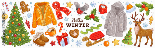 Set of hand drawn hello winter, new year and christmas decoration cartoon elements isolated on white background. Christmas tree, reindeer, bullfinch. Xmas clipart. Vector illustration