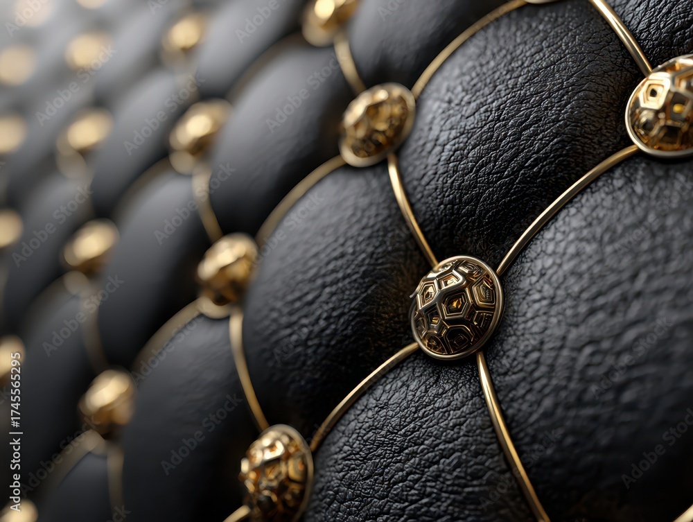 Fototapeta premium Luxurious black quilted surface with intricate gold buttons arranged in a diamond pattern, showcasing a sense of elegance and sophistication, with a soft focus on the foreground