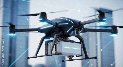 Futuristic drone delivery system flies with confidence over city. Advanced logistics and high tech security for autonomous package shipping and surveillance