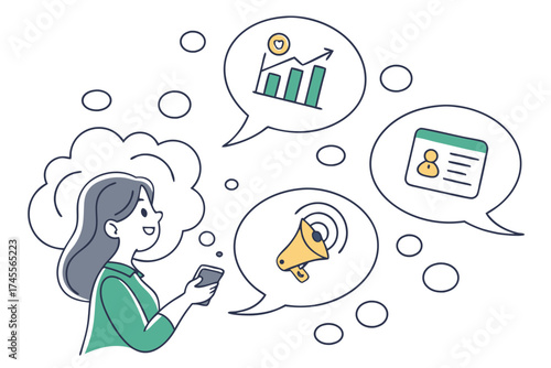 Woman with smartphone thinking about business and marketing concepts vector illustration