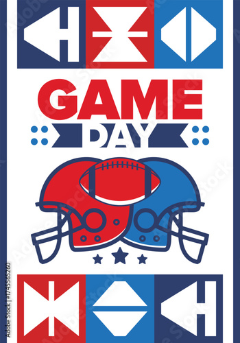 Game Day. American football playoff. Super Party in United States. Final game of regular season. Professional team championship. Ball for american football. Sport poster. Vector illustration