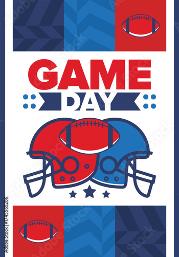 Game Day. American football playoff. Super Party in United States. Final game of regular season. Professional team championship. Ball for american football. Sport poster. Vector illustration