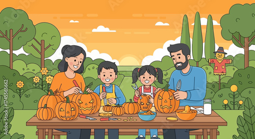 Family carving pumpkins together at a table during autumn season.