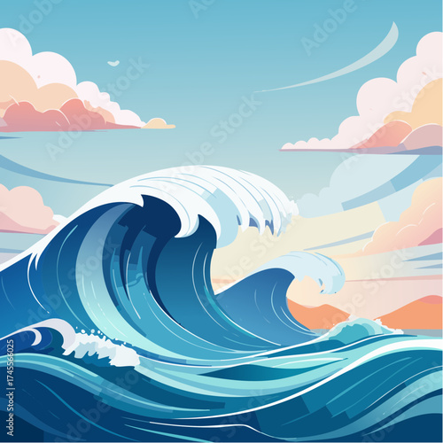 Ocean wave crashing on water with cloudy sky