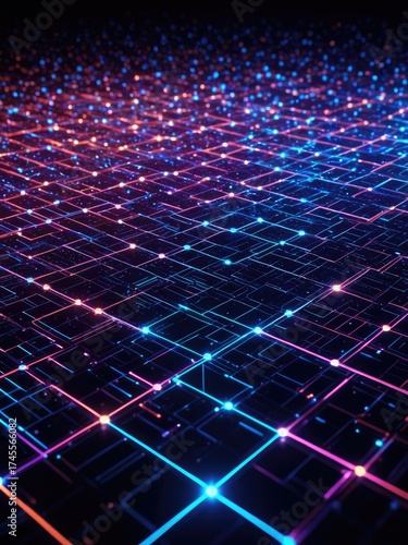 Abstract digital grid, neon blue and red lights. Futuristic design