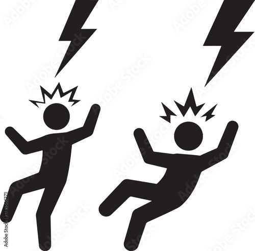Two black human figures in silhouette falling down after being struck by lightning bolts silhouette