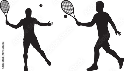 Two male tennis players in silhouette swinging rackets during a match silhouette
