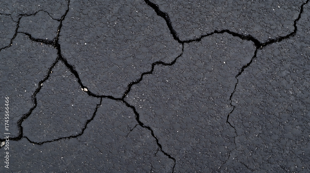 Obraz premium Cracked Asphalt: Close-up of a weathered surface reveals deep fissures, showcasing the effects of time and stress on road infrastructure.