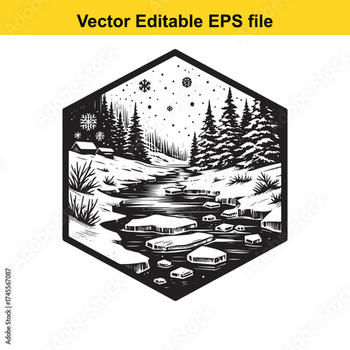 Vector art of snowy landscape with stream and houses under falling snow
