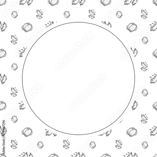 sausage frame. doodle grill sausage circle frame. hand drawn sausage frame background. grill sausage background