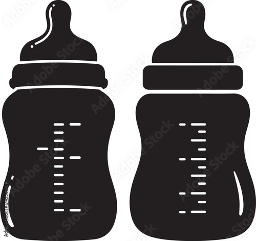 Two black baby bottles with measurement markings in a simple silhouette style
