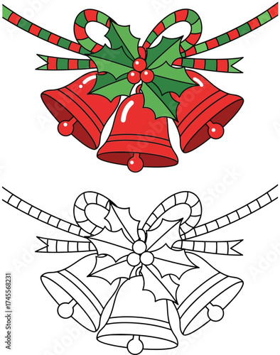 A delightful illustration of festive Christmas bells adorned with holly and a striped bow, perfect for holiday greetings and designs.