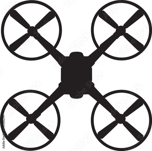 Top down view of a black quadcopter drone in a stark silhouette against a white background