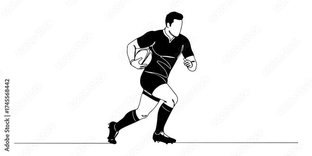 Fototapeta premium Continuous one line drawing of a rugby player running forward, symbolizing strength, teamwork, and determination, style vector illustration.