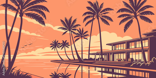 topical beach sunset with palm trees reflected in a serene infinity pool at a seaside resort
