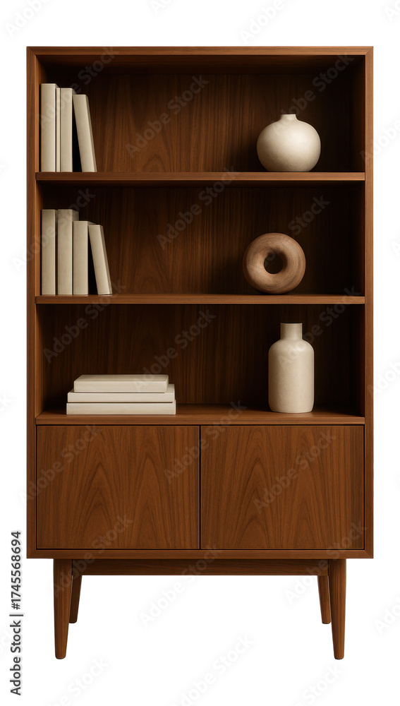 Fototapeta premium Mid-century modern walnut veneer shelving unit with push-to-open doors for a sleek study.