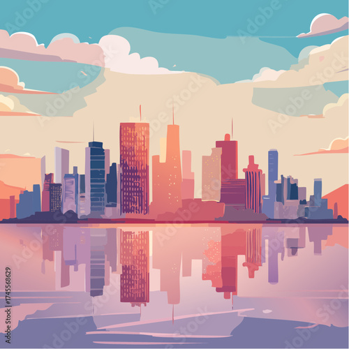 City skyline reflection in water at sunset