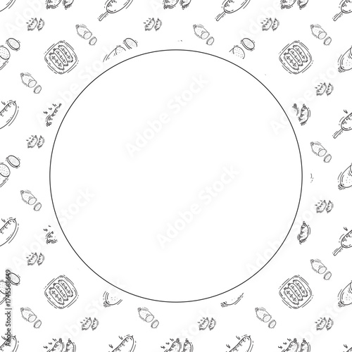 sausage frame. doodle grill sausage circle frame. hand drawn sausage frame background. grill sausage background