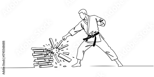 Continuous one line drawing of a karate master breaking a board, symbolizing discipline, tradition, and strength, style vector illustration.