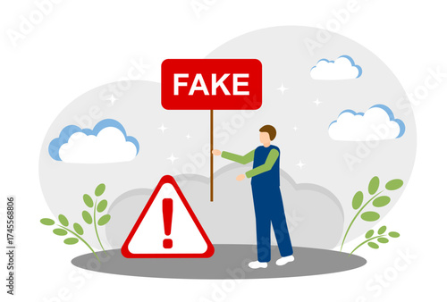A man with a poster about fake information. The concept of fake news. A sign of attention. Fake