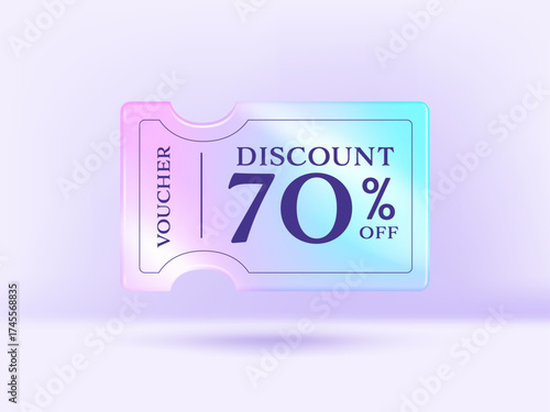Holographic gradient chrome color a coupon tag label. 70 percent discount offer tag with shiny, glossy, reflective surface. Sale price promo sign. Special offer symbol.