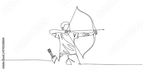 Continuous one line drawing of a person practicing archery with a full draw, symbolizing accuracy, patience, and focus, vector illustration style.