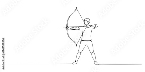 Continuous one line drawing of a person practicing archery with a full draw, symbolizing accuracy, patience, and focus, vector illustration style.