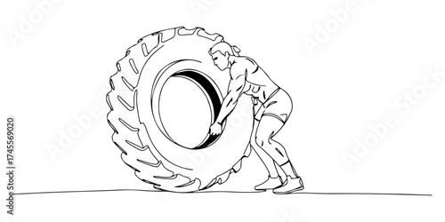 Continuous one line drawing of a person flipping a tire during training, symbolizing strength, determination, and tenacity, vector illustration style.