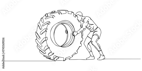 Continuous one line drawing of a person flipping a tire during training, symbolizing strength, determination, and tenacity, vector illustration style.